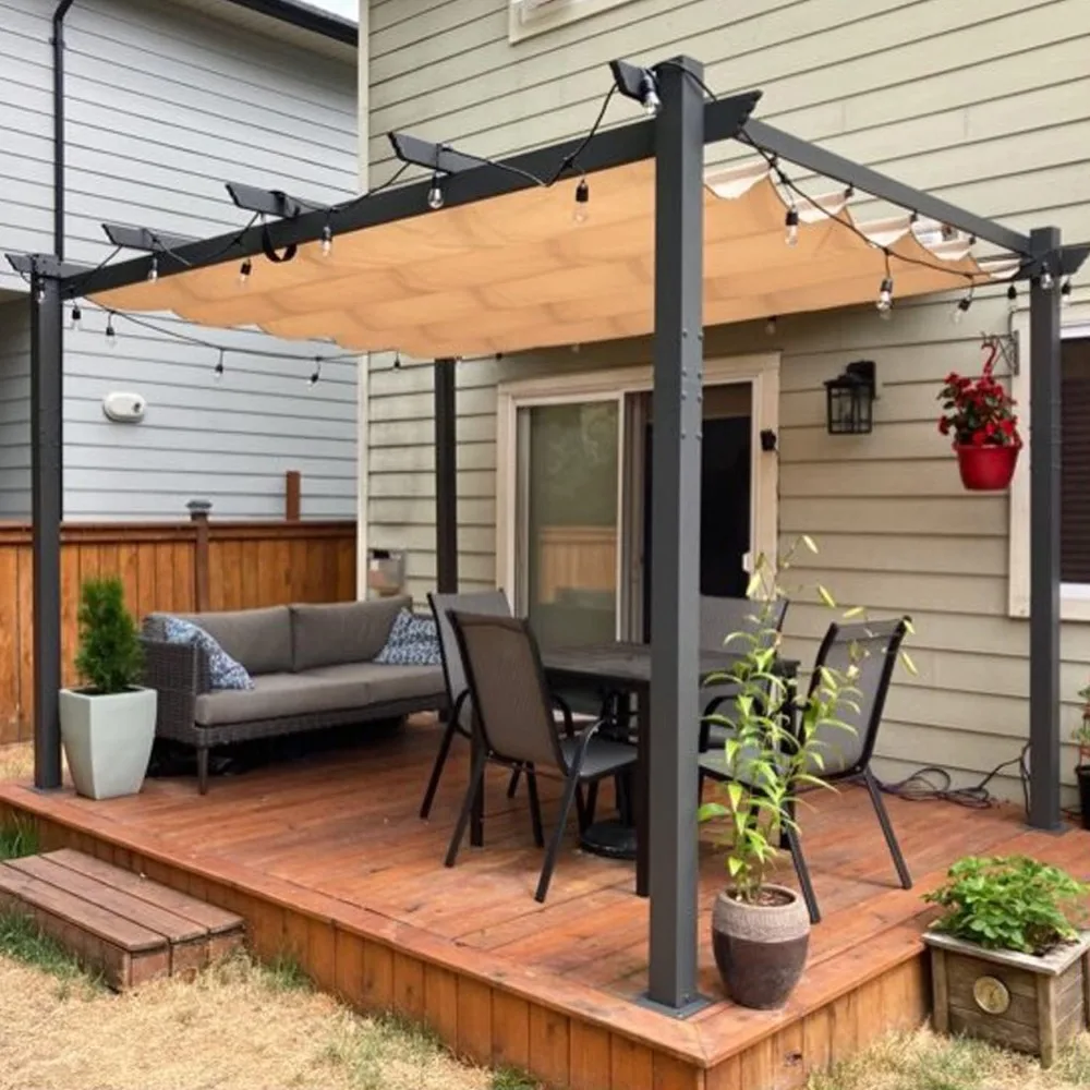 10' X 13' Zewnętrzna chowana pergola z baldachimem Patio Metalowe schronienie na werandę Ogród Nowoczesne podwórko Krata winogronowa Pergola