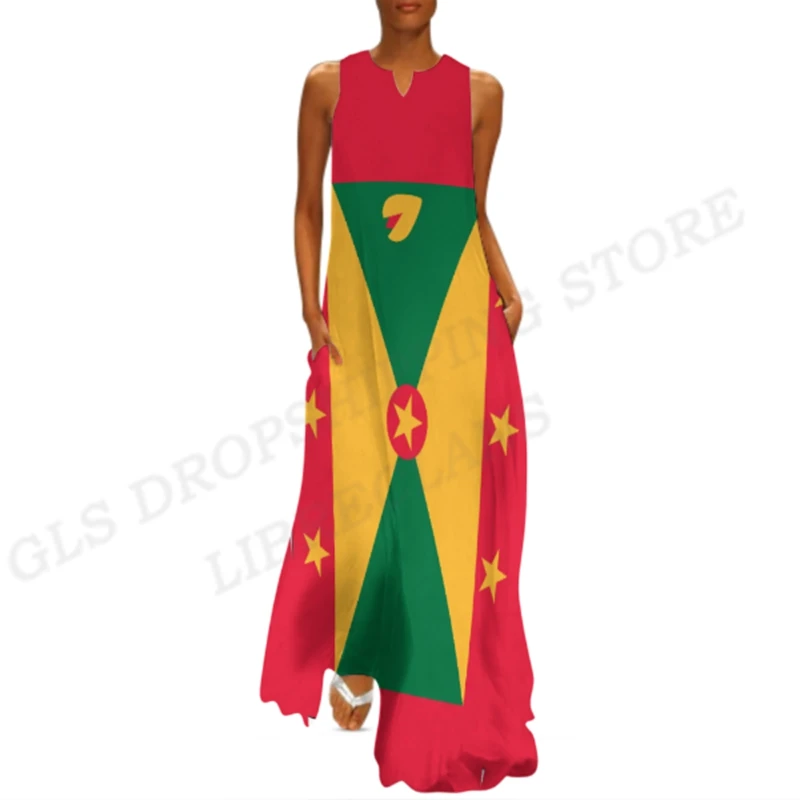 Grenada Flag Dress Women Fashion Party Evening Dresses Casual Long Robe Grenada Flag Vestidos Maxi Vocation Dress Beach Behemian