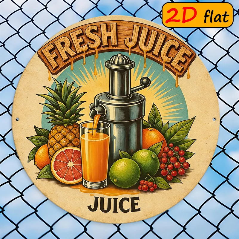 2D Flat - 【2D Flat】 2D Flat - [2D Flat] A 20×20 Cm Round Aluminum Outdoor Sign Featuring Fresh Fruit Elements Like a Juicer, Pin