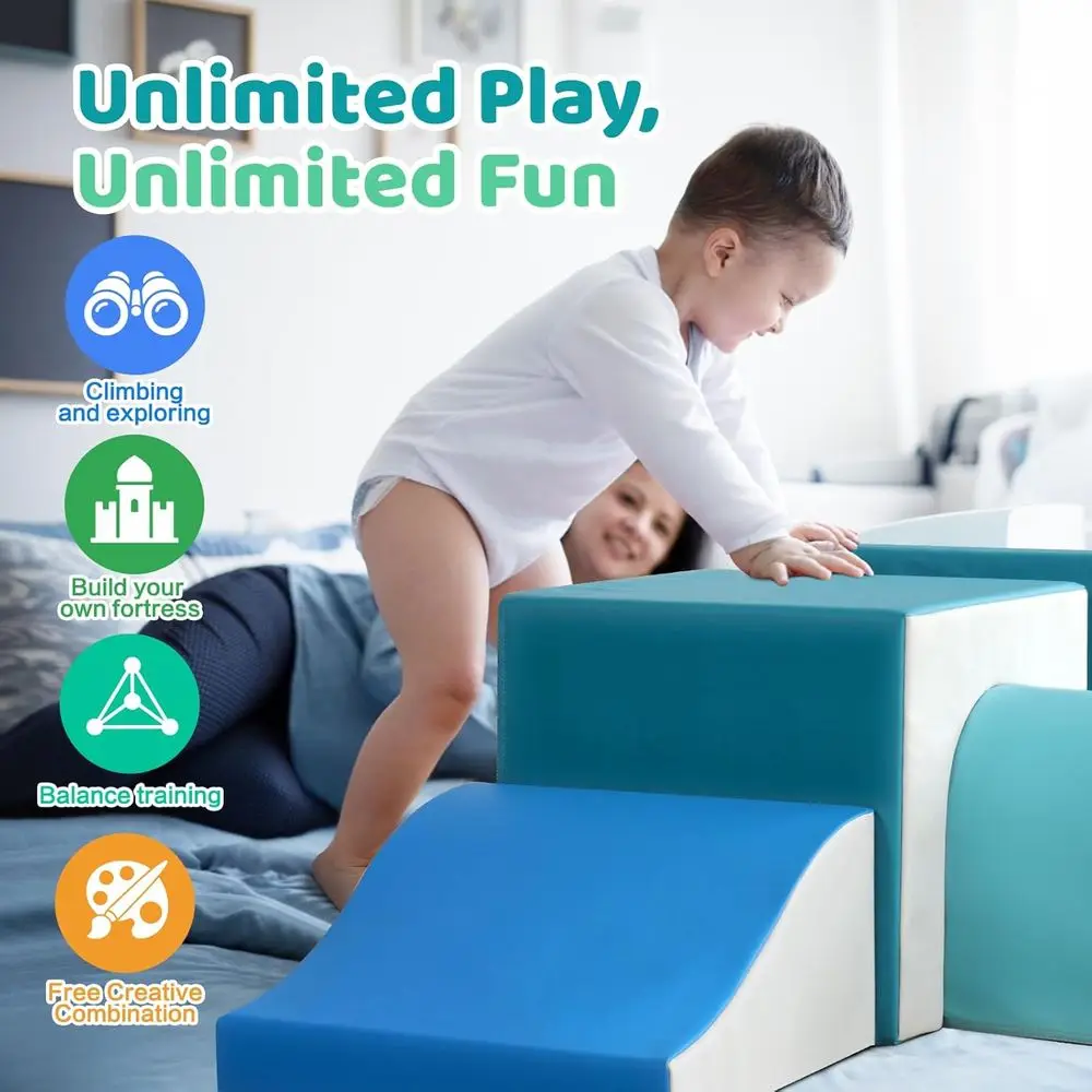 บล็อกปีนป่ายโฟมสีเขียวพร้อมอุโมงค์และสไลเดอร์สำหรับเด็กเล็ก: ชุดยิมเล่นในร่ม 4 ชิ้น