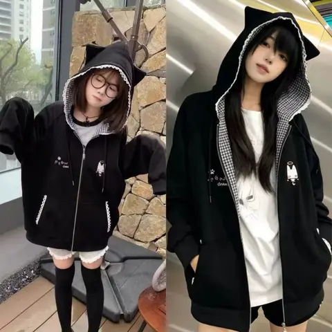 Harajuku Y2k Zip Hoodie Ladies Lovely Cat Print Plaid Inner Oversized Long Sleeve Casual Daily Subculture Sweat Jacket Tops