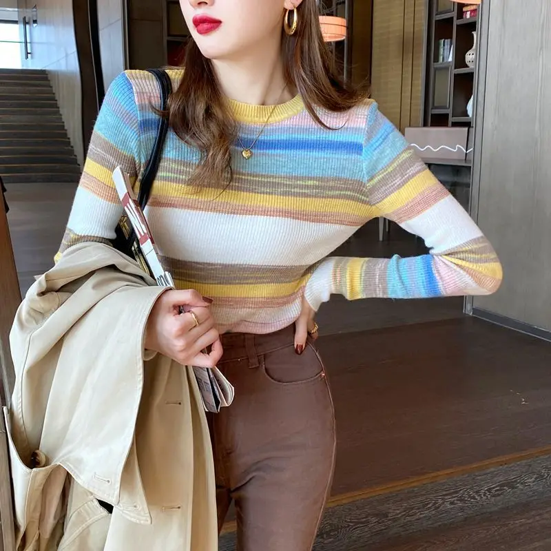 Early Spring Women's New Knitted Sweater Thin Sweater Autumn/Winter Interior Matching Bottom Shirt Rainbow Striped Top