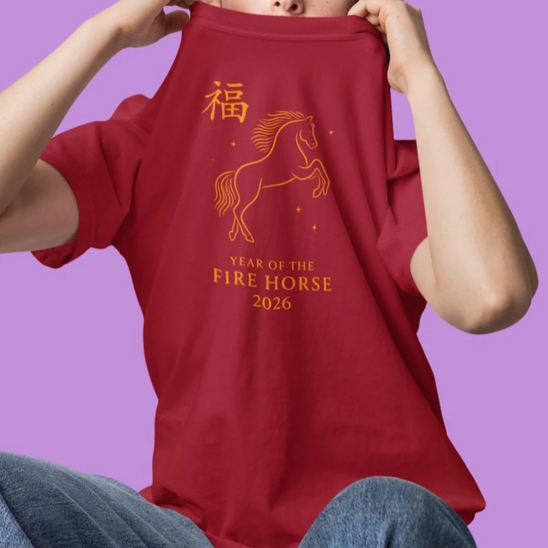 Chinese Zodiac Art Graphic Tshirts Astrology Lovers Minimal Line Fire Horse Adult Tee Lunar New Year Shirt for Men and Women