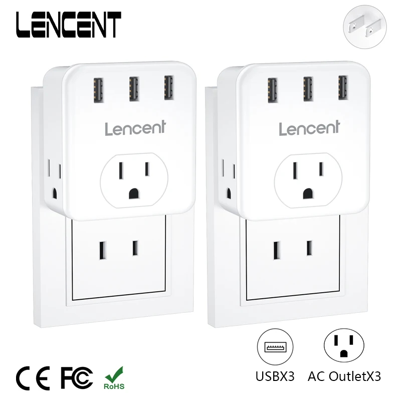 LENCENT 2 PCS US Plug  Wall Socket with 3 AC Outlets 3 USB Ports Travel Adaptor for US to Japan Plug Extender for Home Travel