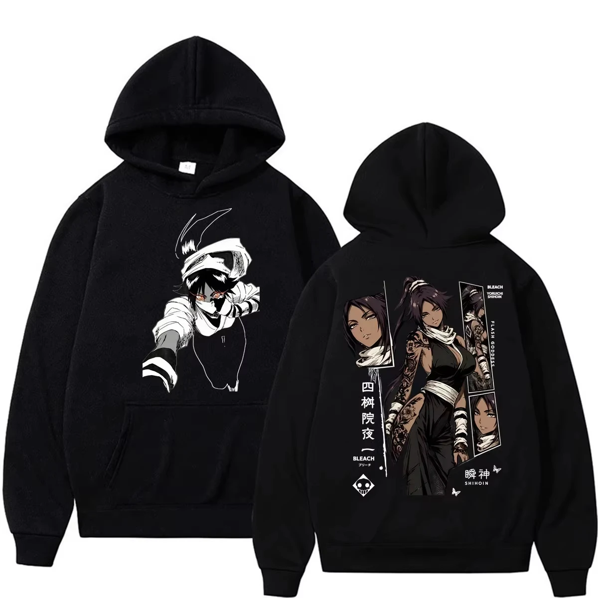 2026 Autumn BLEACH Yoruichi Shihoin Dual-Side Print Hoodie Front B&W Action Portrait Unisex Oversized Streetwear Pullover Tops