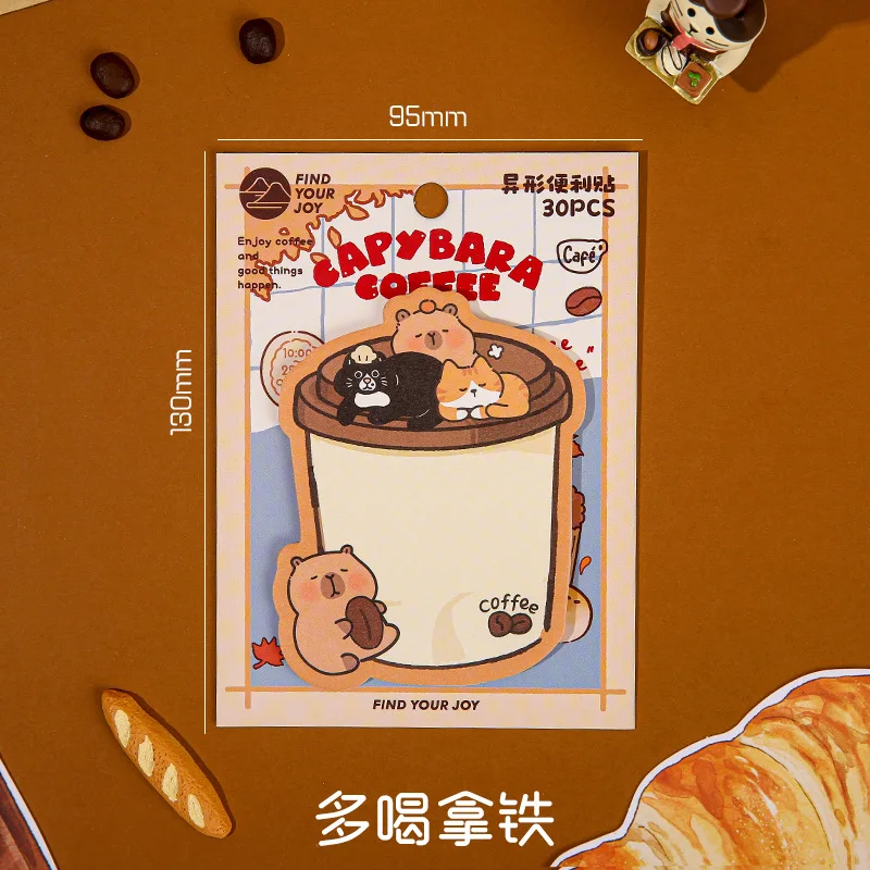 30 Buah/Set Catatan Tempel Kopi Kapibara Kartun Lucu Kartun Siswa Jurnal Meninggalkan Pesan Bantalan Memo Catatan Tempel untuk Siswa