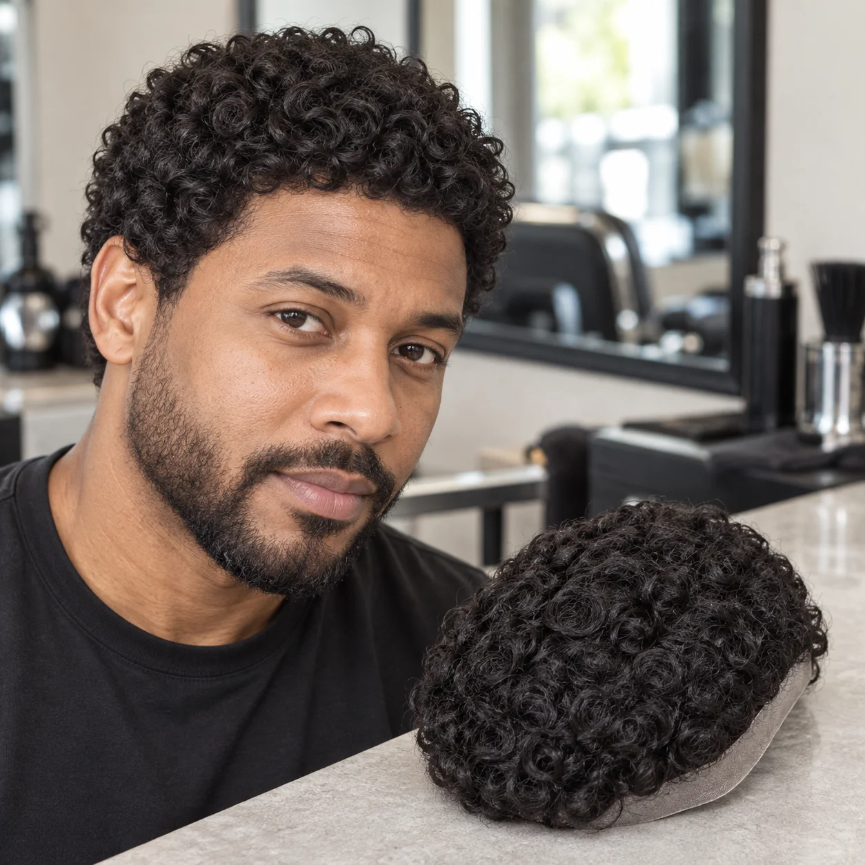 Men's Curly Indian Human Hair System, 6-Inch 130% Density, 1B Black, Mono and PU Base