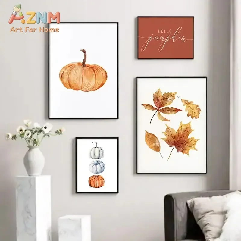 AZNM Watercolor Pumpkin Maple Leaf Hello Pumpkin Autumn Canvas Wall Art, Warm Fall Season Frameless Canvas Print Poster for Livi