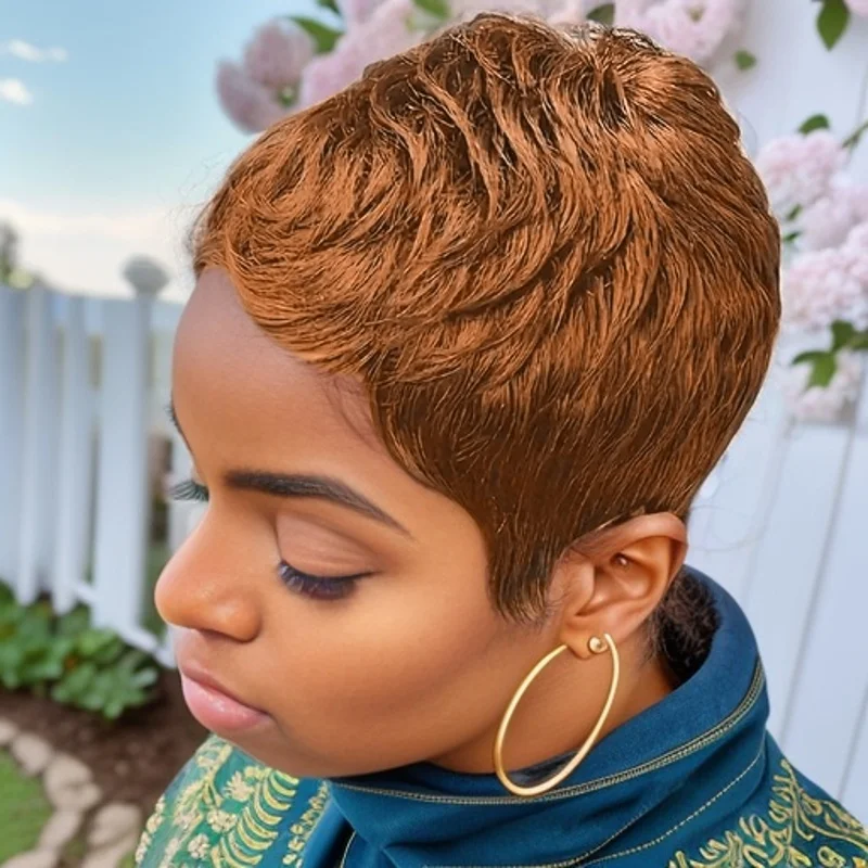 짧은 레이어드 픽시 헤어컷 앞머리가 있는 전체 기계 제작 가발 브라질 스트레이트 인모 30가지 색상(매일 사용)