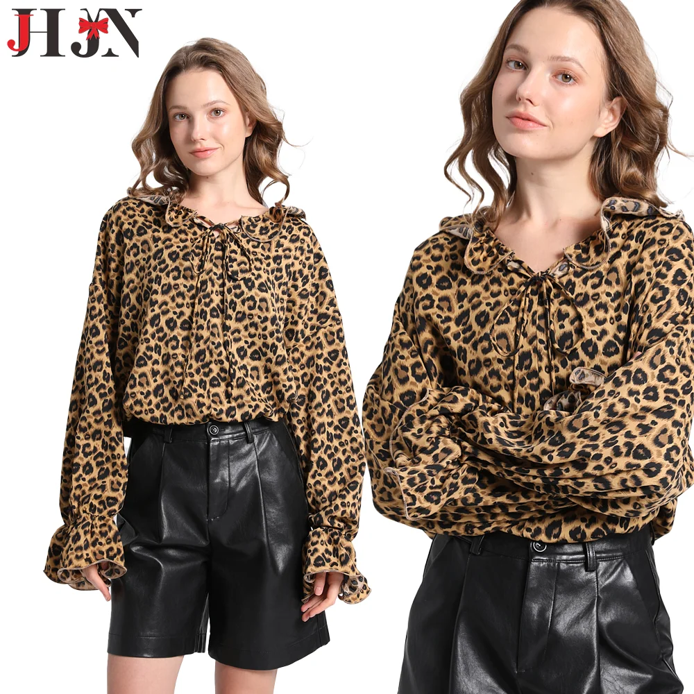 2024 Autumn Women's Shirt Leopard print Texture Shirt Jacket Loose French Bow Tie Atmosphere High-end Tops