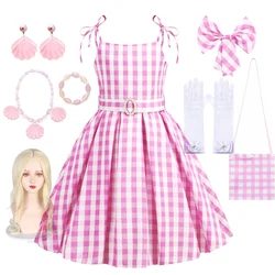 Girls Barbi Cosplay Dress Children Pink Plaid Princess Costume Kids Birthday Party Outfits Fantasy Elegant Gown