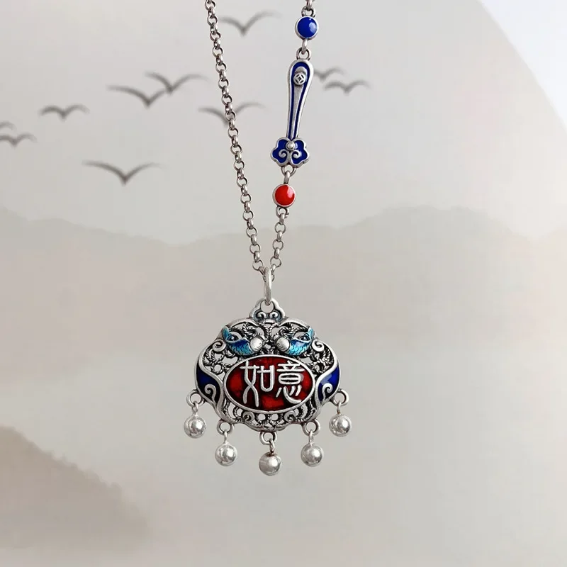 925 Silver Enamel Red Ruyi Lock Tassel Necklace for Women Vintage Pendant National Style Charm Clavicle Chain Jewelry Gift