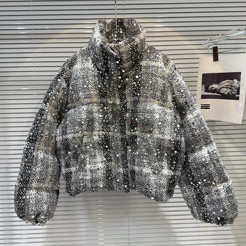 2025 Winter Short Duck Down Liner Coat Women New Niche Sequined Tweed Heavy Industry Spice Girls Warm Bread Jacket Street