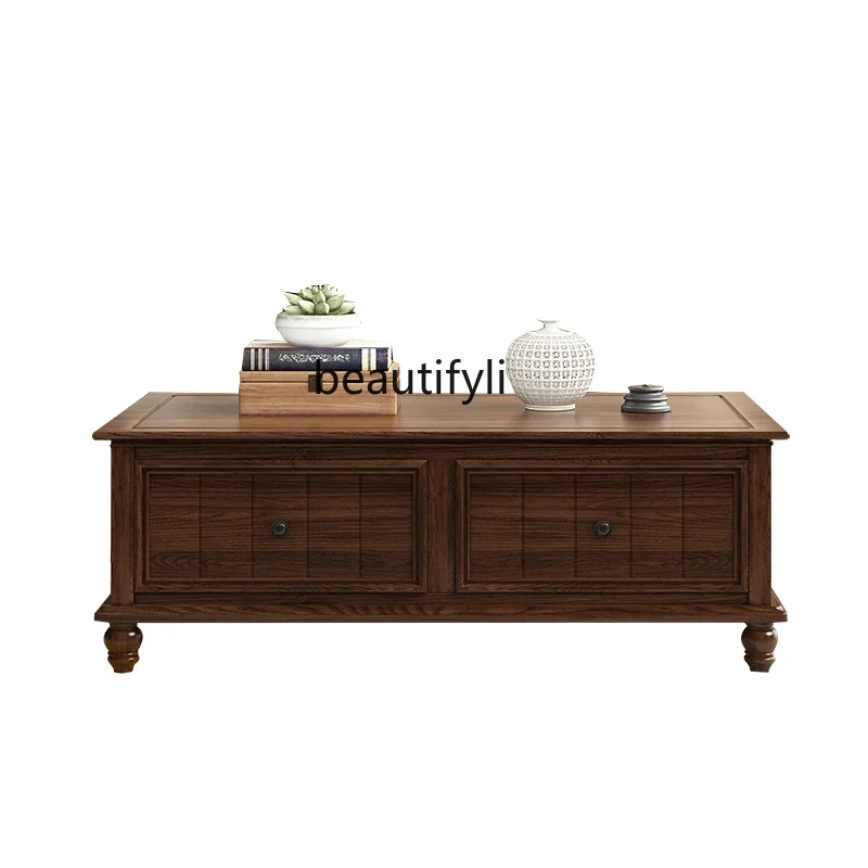 

American rural all-solid wood coffee table TV combination small apartment antique old tea table living room0420