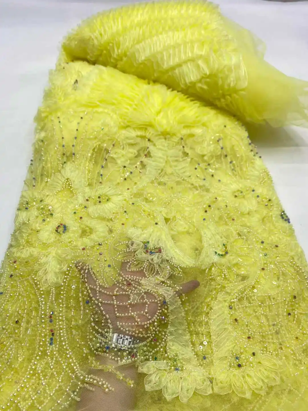 African 3D Tulle Lace Fabric Sequins 2026 High Quality French Beads Embroidery Lace Nigerian Wedding Party Material Dress Sewing