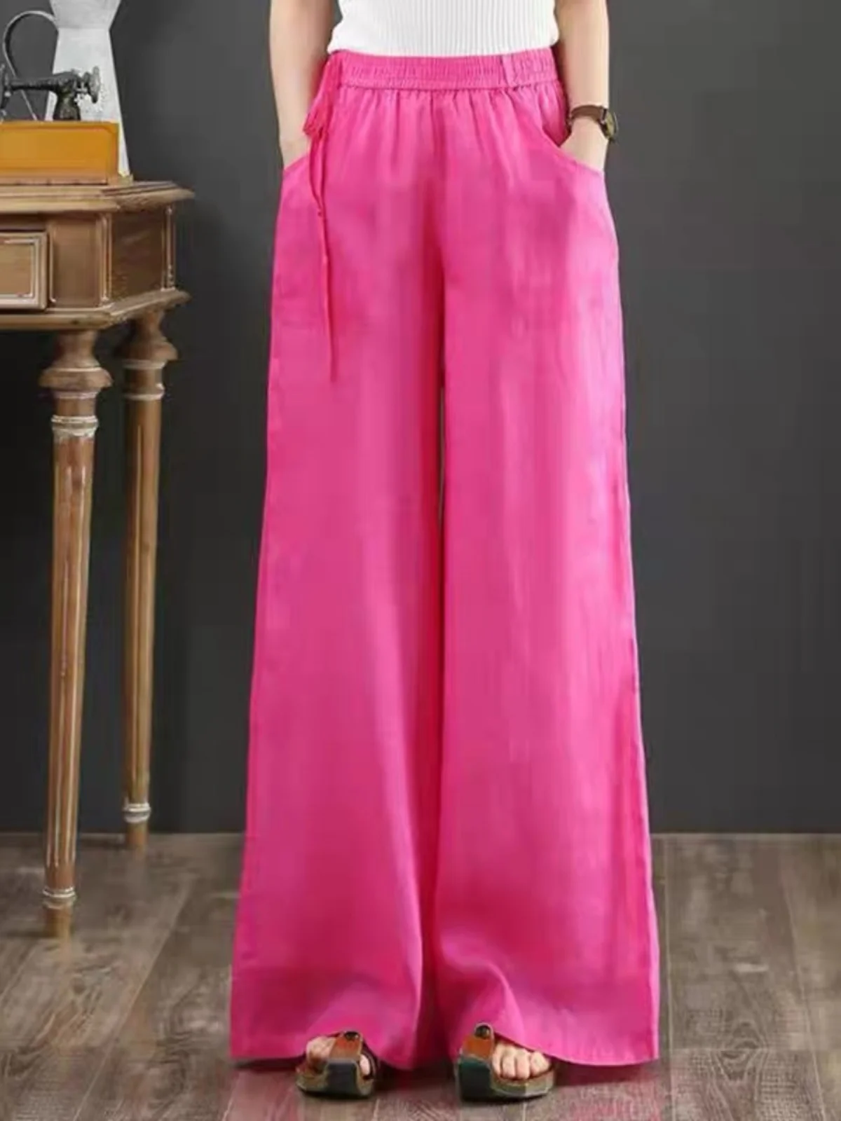 

Новый бренд, китайские широкие брюки, женские свободные брюки больших размеров, утягивающие драпированные прямые хлопковые льняные повседневные длинные брюки