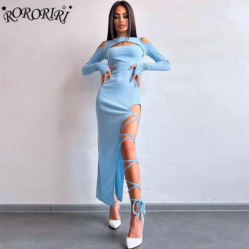 Rororiri Effen Bandage Split Lange Jurk Vrouwen Ribgebreide Lange Mouwen Uitgesneden Koude Schouder Slanke Sexy Bodycon Eendelige Streetwear