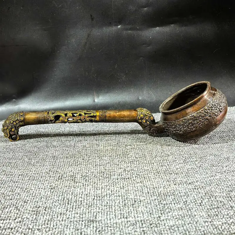 Antique Collectible Gilt Bronze Dragon Head with Engraved Pattern, Long-Handled Spoon, Patinaed Craft Item