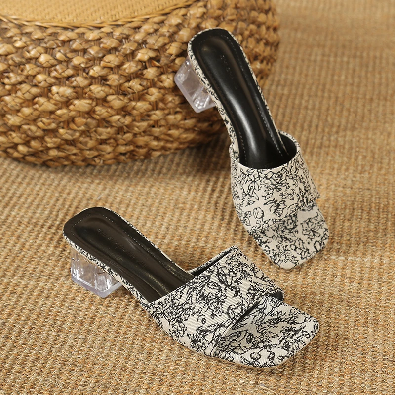 Slippers Casual Square heel Shoes Glitter Slides Slipers Women Heeled  Low Luxury  2024 High Summer PU Mature