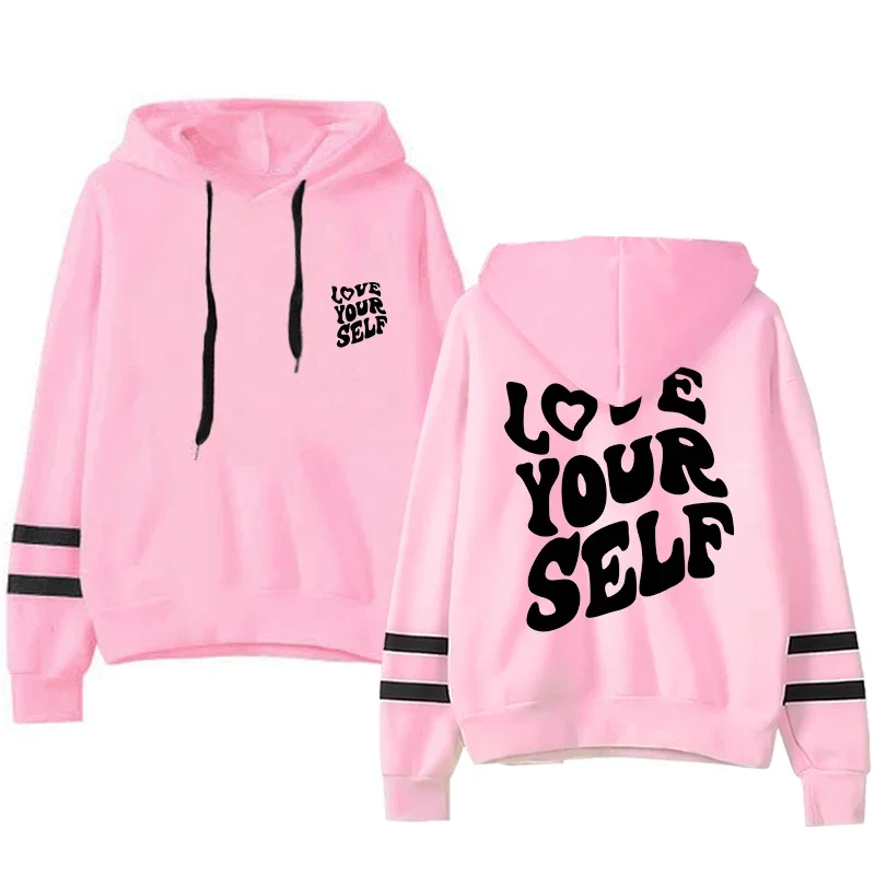 Offres spéciales sweats à capuche femmes sweats Love Yourself imprimer polyvalent rayure pulls Jogging sport vêtements décontracté femme sweats à capuche