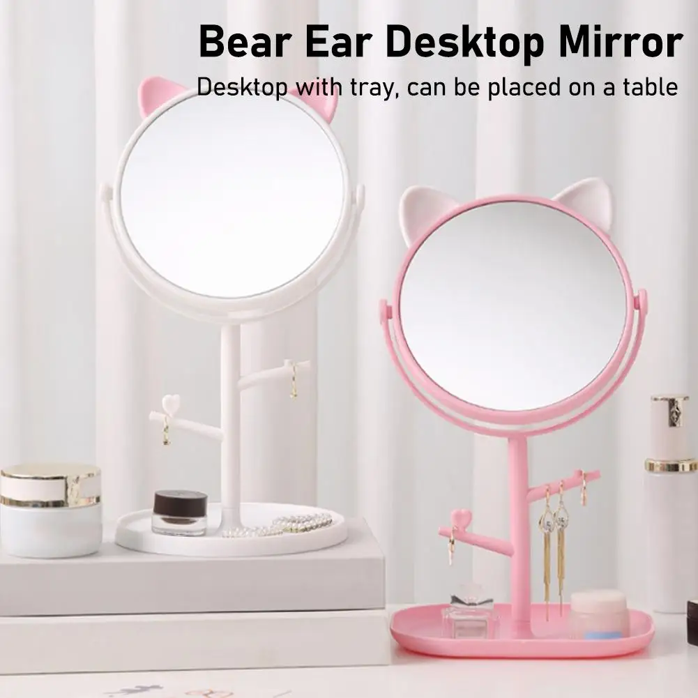 مرآة مكياج بدون إضاءة، مرآة سطح المكتب لطيفة على شكل أذن الدب مع مرآة مكياج لسطح المكتب للتخزين #1