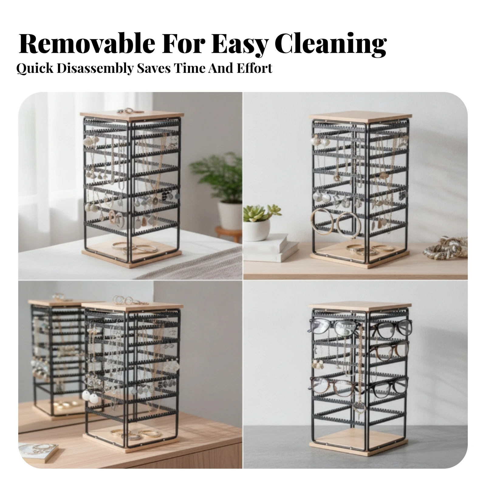 7 Tier Rotating Rack Slotted Rails Rotating Display Rack Glasses Display Stand Black Metal Retail Fixture Light Wood