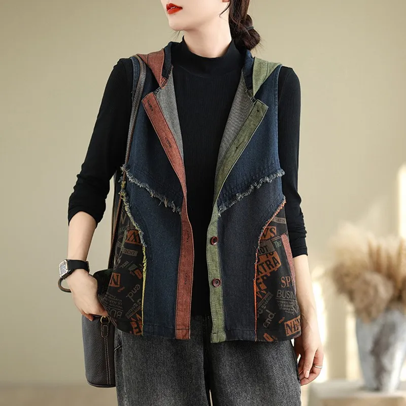 Women Causal Denim Vest Jackets New Arrival 2024 Autumn Vintage Style Streetwear Basics Female Sleeveless Hooded Coats B3942