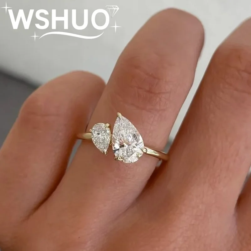 

WSHUO 1.5ct D Grade Full Moissanite Women Ring 925 Silver 18k Gold Plated Pear Shaped Cut Double Diamond Ring GRA Certificate