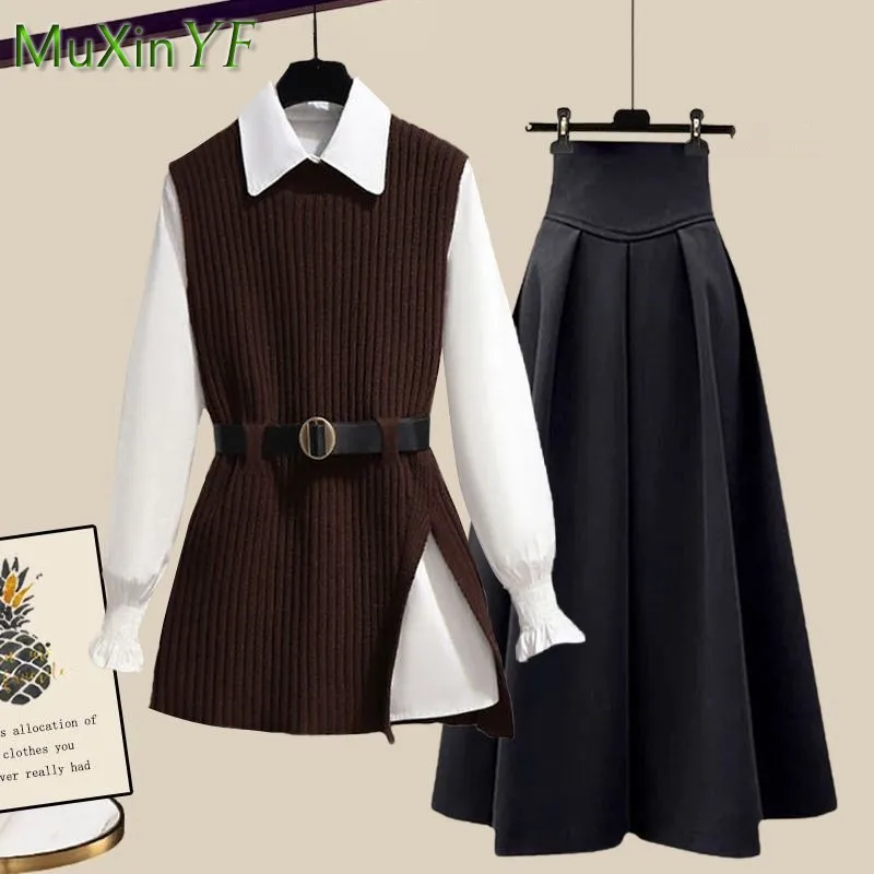 Women\'s 2024 Autumn Winter New Matching Set Korean Elegant Knit Vest+Shirt+High Waist Midi Skirt Three Piece Female Dress Suit