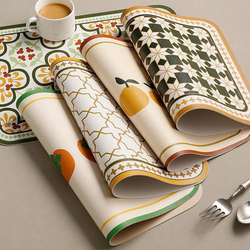 PU Leather Water-proof Table Mat Vintage Dinning Table Placemat Set Heat Insulation Placemats Bowl Cup Coaster Restaurant Decor