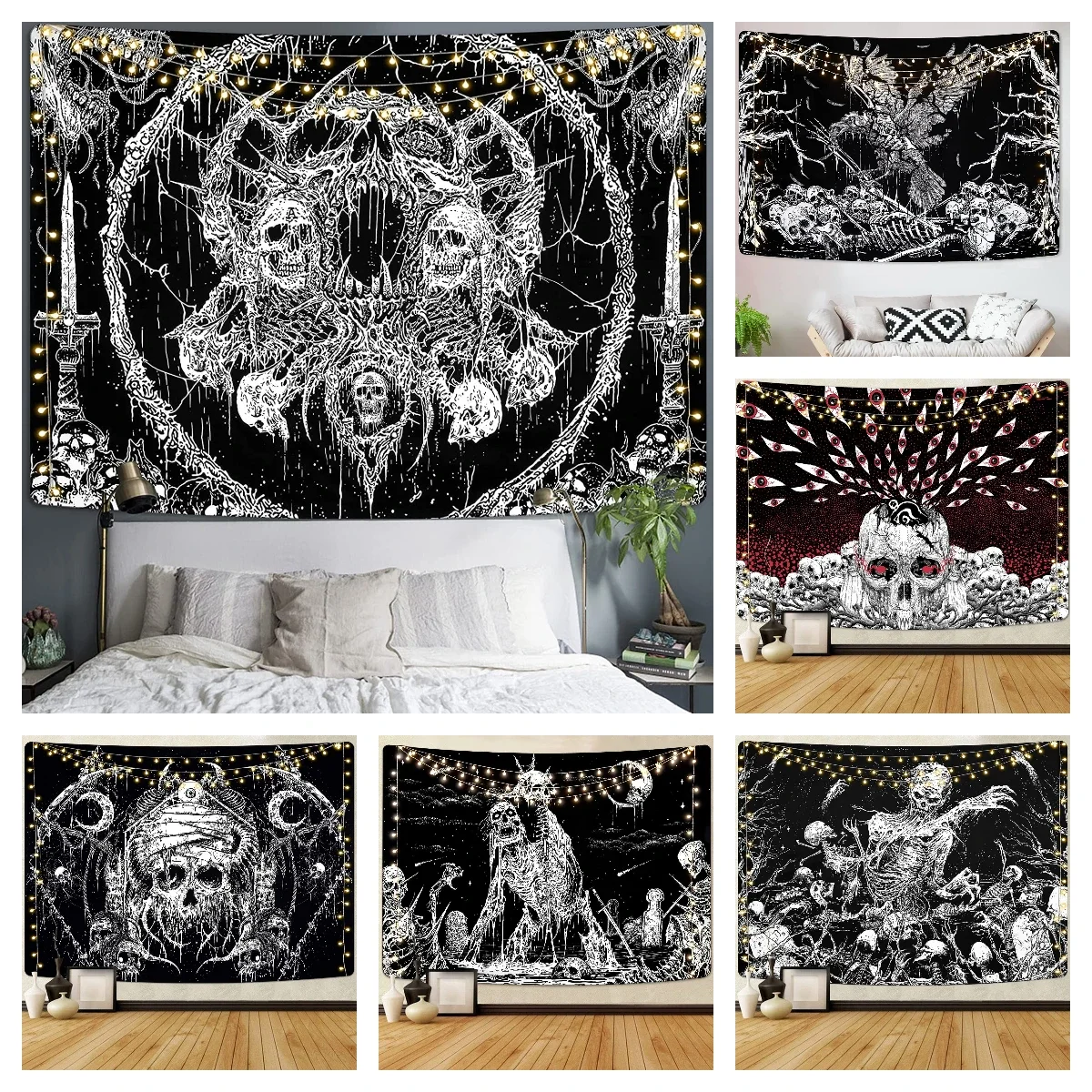 Gotycki gobelin z czaszką czarno-biały szkieletowy gobelin ścienny wiszący do sypialni Hippie oczy Boho wystrój domu Trippy księżycowy materiał