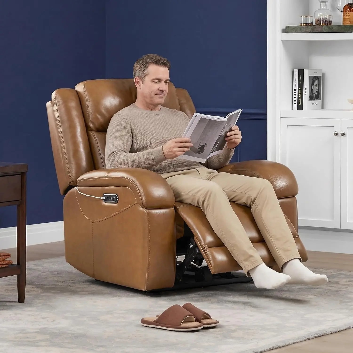Genuine Leather Wall Hugger Power Recliner, Saddle Brown, Customized