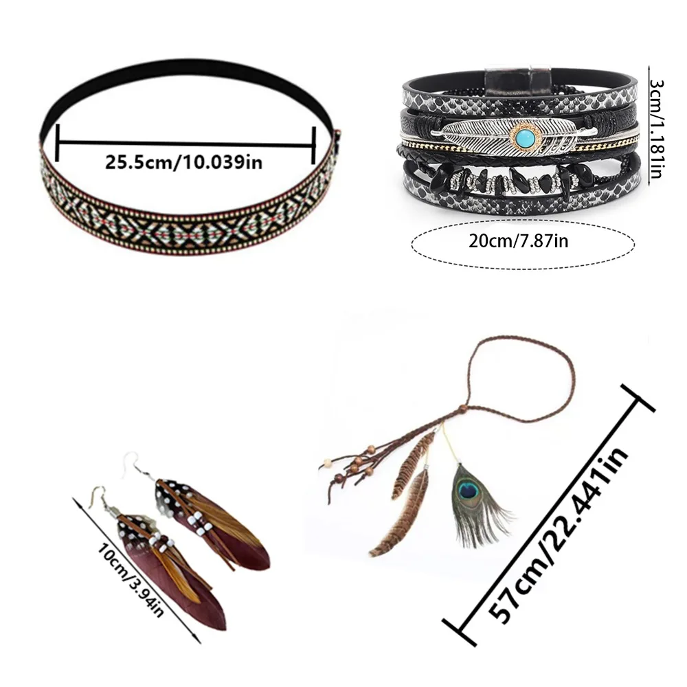PESENAR Native American 4-Piece Jewelry: Woven Choker, Braided Bracelet, Feather Hairpin, Tassel Earrings - Tribal Boho