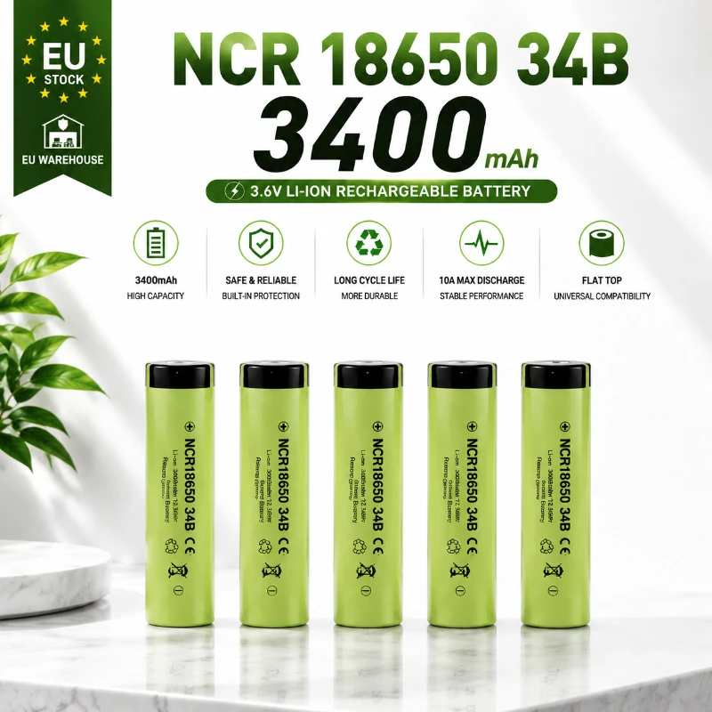 Batteria ricaricabile agli ioni di litio NCR18650 34B 3,7V 3400mAh 10A con terminale piatto, cella al litio ad alta capacità per torce LED e dispositivi elettronici portatili, disponibile a magazzino