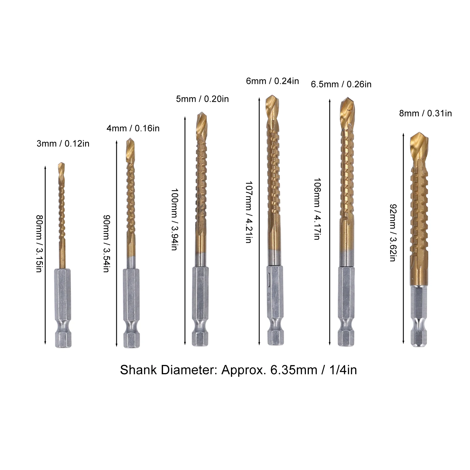 6 Pcs Set Twist Drill Bit 3mm 4mm 5mm 6mm 6.5mm 8mm Ti Coated HSS Twist Serrated Drill Bit With 1/4in Hex Shank