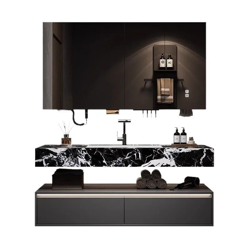 Slate Ceramic Integrated Basin Bathroom Vanity Cabinet Seamless Washstand for Hotel Modern Home Bath Storage Unit