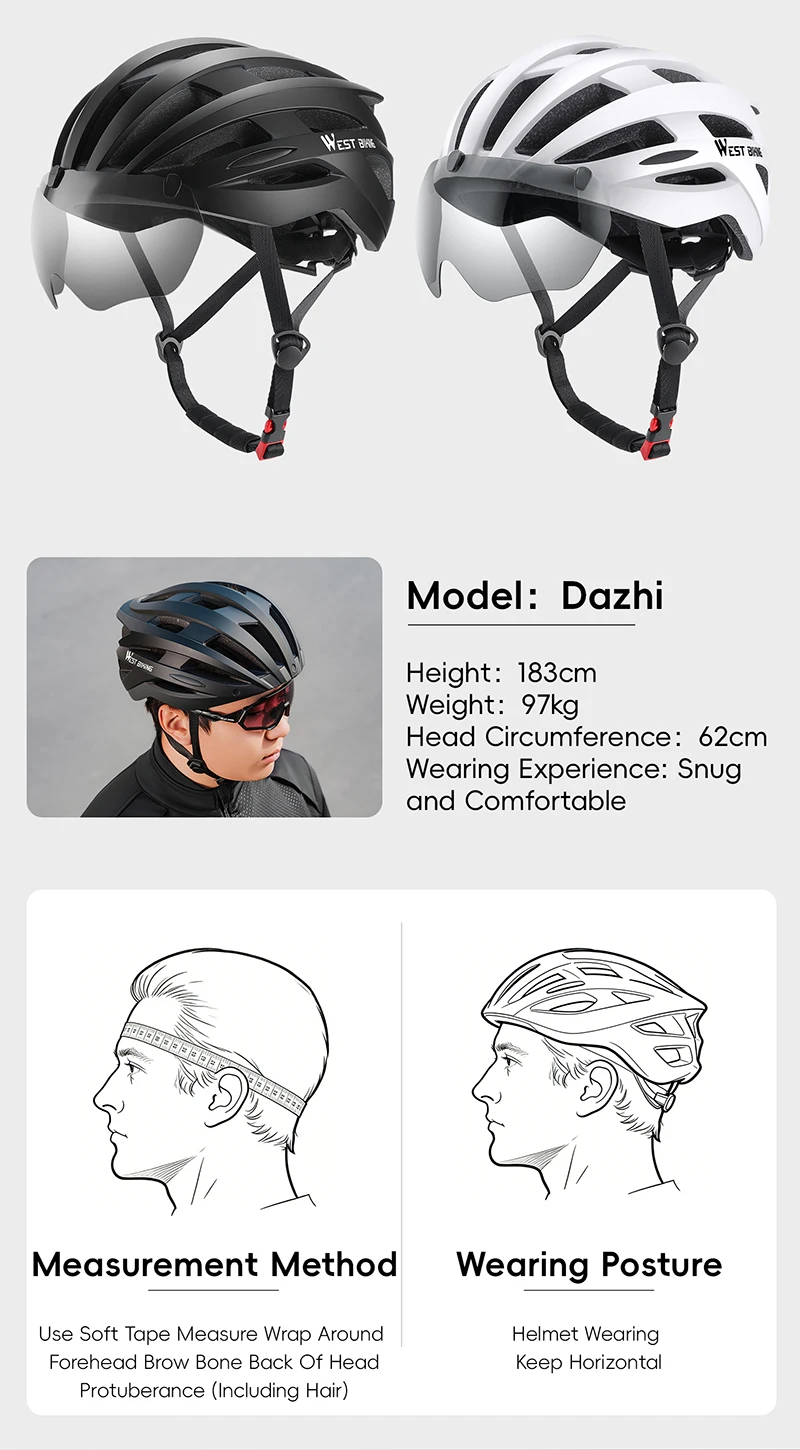 WEST BIKING CE-zertifizierter Fahrradhelm, magnetische Schutzbrille, USB-Rücklicht, verstellbar, 56–65 cm, M-XL, XXL, für Herren, für Straßen- und Mountainbiking – Detail 9