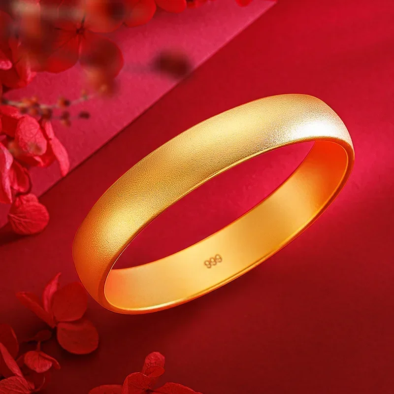 9999 Real Gold 24K Ancient Inheritance Simple Plain Plain Ring Tire Bracelet Loach Back Matte Wide Face Bracelet