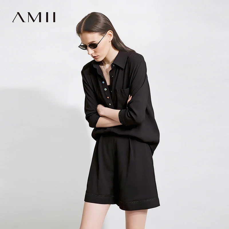 

Amii женские рубашки 2026, весенняя новая повседневная блузка с лацканами и контрастными пуговицами, топ, ажурная кружевная свободная женская одежда 12641014
