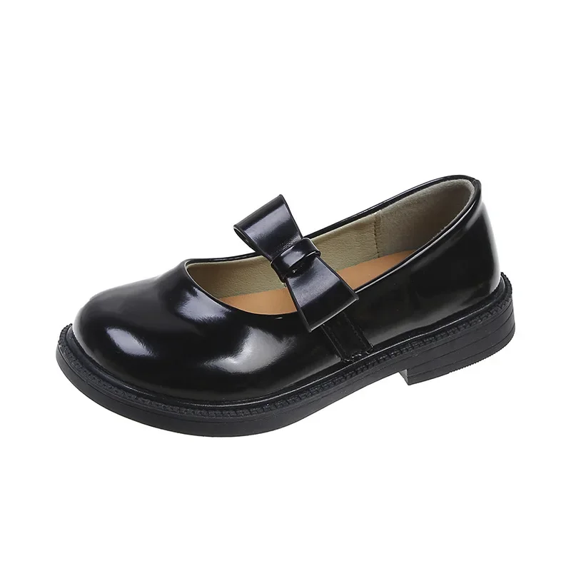 Black Children Leather Shoes for Girls 2023 New Soft UK Uniform School Shoes Versatile Bow Kids Fashion Shallow Loafers Casual