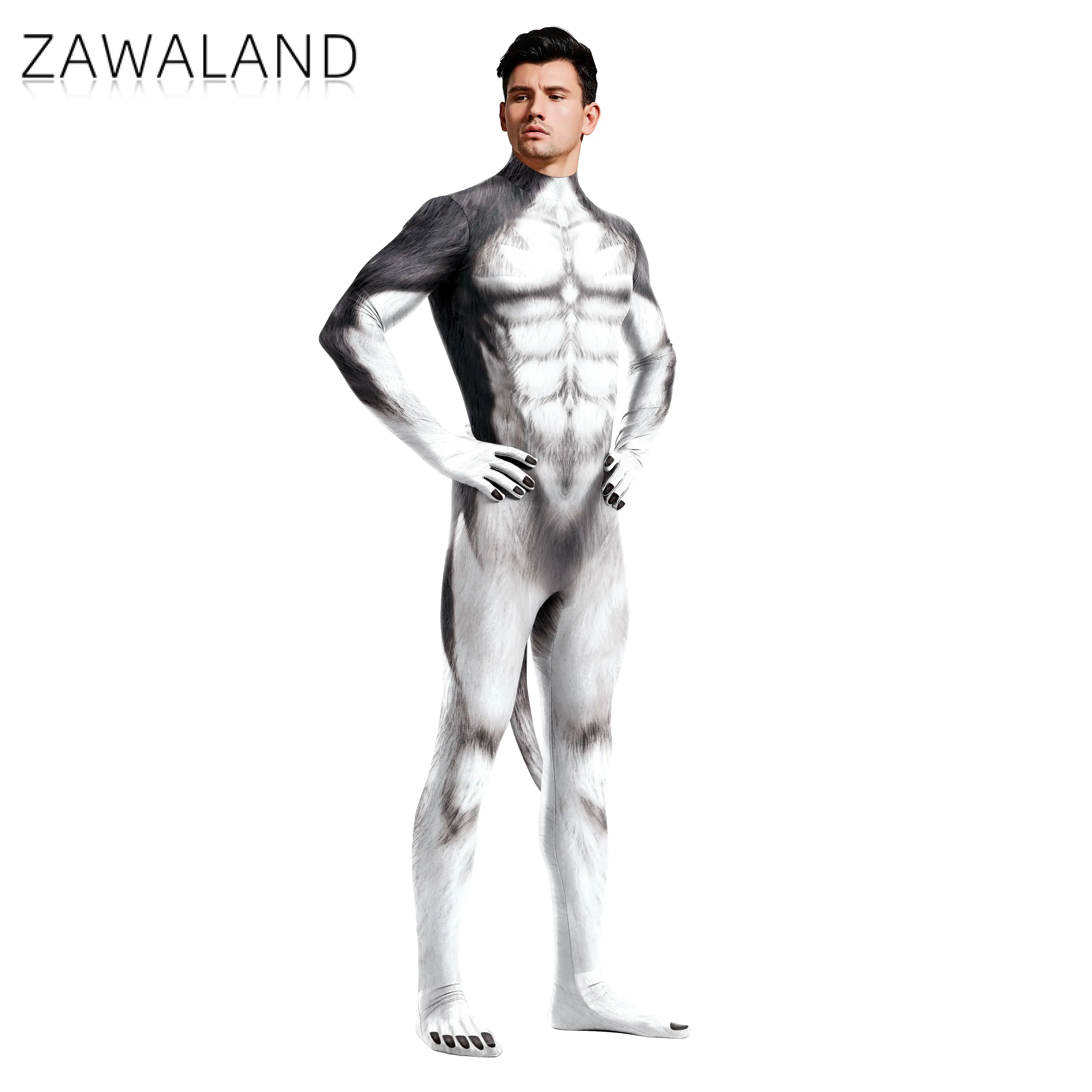 Zawaland Unisex Sexy Slim przebranie na karnawał śnieżny wilk zestaw zwierząt 3D drukowanie Zentai Jumpuit kostium zakrywający całe ciało z ogonem imprezowy kostium