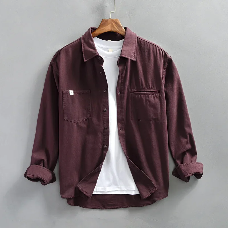 

Весна-осень Новые мужские рубашки с длинным рукавом Японская винтажная рубашка-карго Мужская повседневная рубашка с двойным карманом из чистого хлопка Фиолетовая рубашка Свободный топ