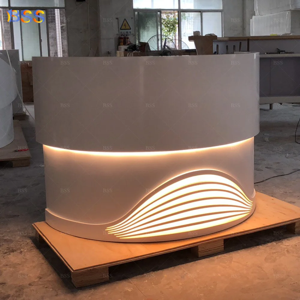 

Medical Centre Led Round Reception Table Custom White Solid Surface Front Table for Hair Salon Curved Receptionist Table Design