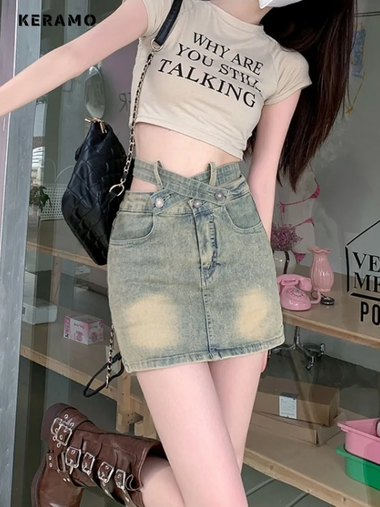 Women Vintage Y2K Slim Fit Punk Hotsweet Retro Jeans Skirts 2024 Summer Casual High Waist Mini Belted Desgin Denim Short Skirt