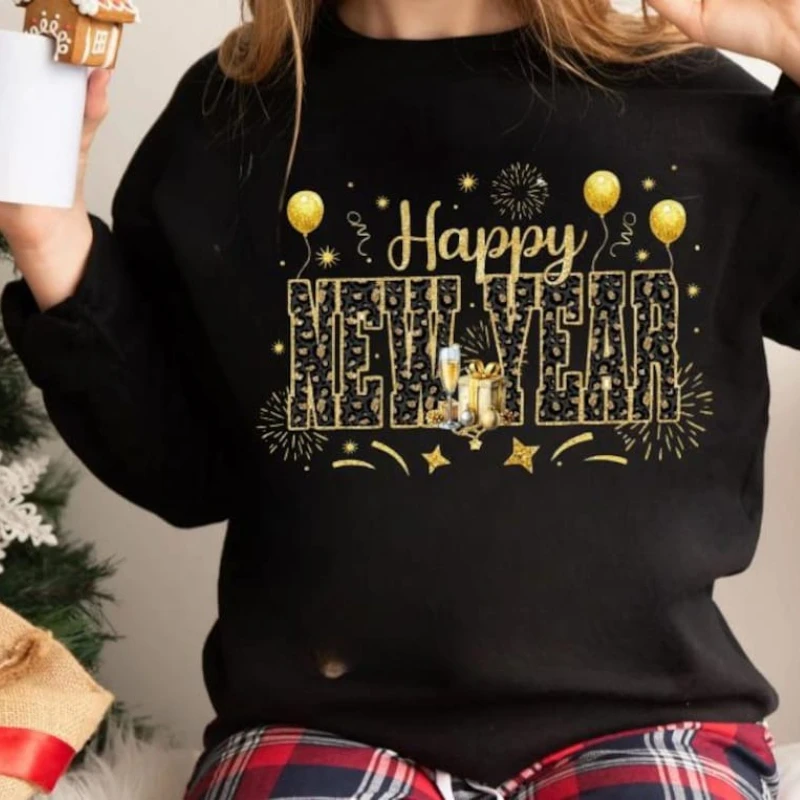 ديسكو الكرة الأسود والذهبي الترتر بريق ليوبارد سنة جديدة سعيدة اسكواش مرحبا 2026 الخريف والشتاء البلوز الكبار البلوز