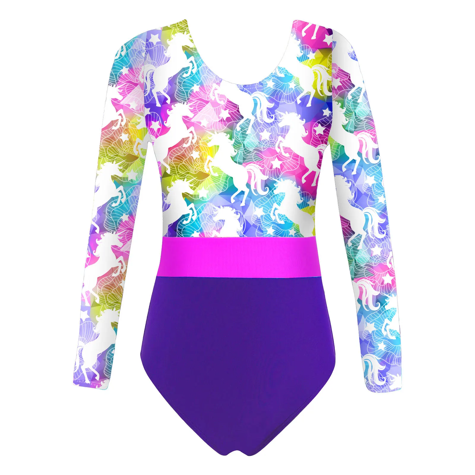 Toddler Girls Gymnastics Swimwear Swimsuit for Dancing Colorful Print Ballet Leotards Round Neck Long Sleeves Bodysuit Jumpsuit