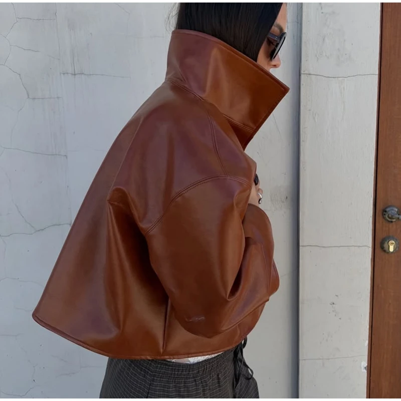 Women Waist Cinching Leather Jacket Solid Stand Neck Zipper Pocket Loose Jackets Lady New Vintage Fashion Street Outwear 2026