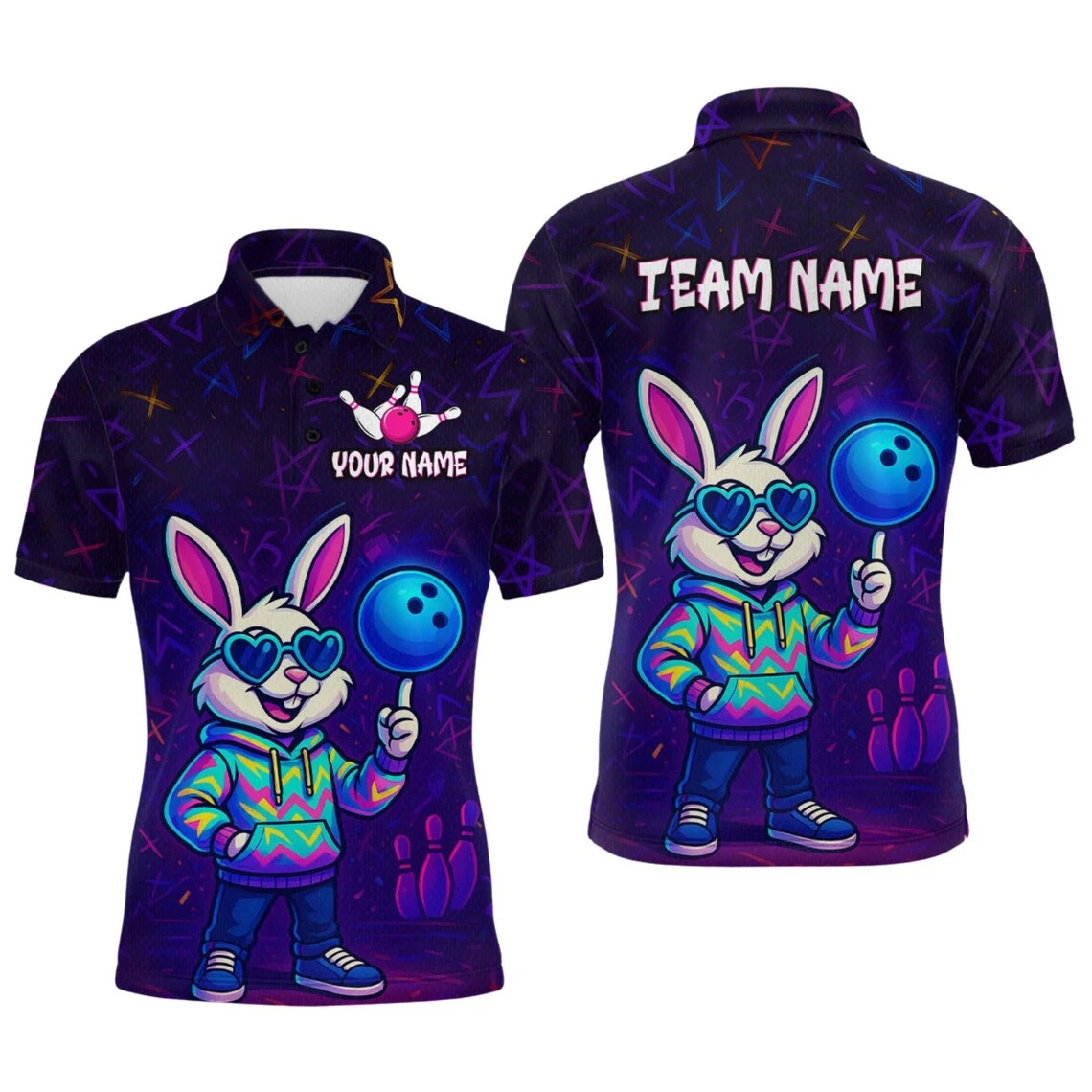 Graffiti Bowling Ball Polo Shirt Pink Purple Street Art Background Cool Bowling Ball Character With Pins Custom Team Polo Shirt