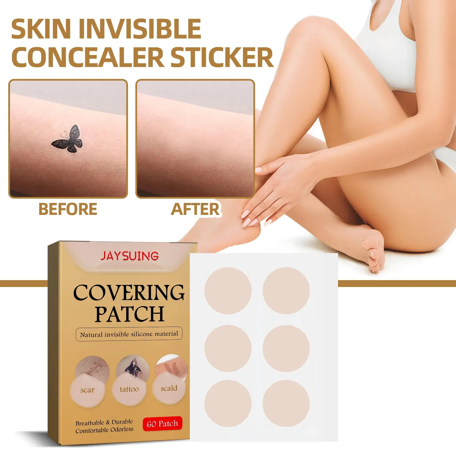 60pcs Invisible Concealer Patch Tattoo Scar Scald Cover Sticker Waterproof Silicone Tape Breathable Simulation Skin Patches