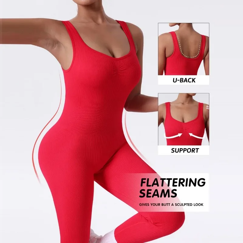 

Women's V-neck Backless Ribbed Yoga Jumpsuit with Fixed Double Shoulder Straps Seamless Hip-lifting Workout Bodysuit